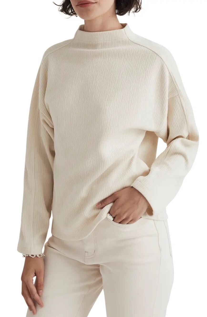 MADEWELL Cream Striped Mock Neck Dolman Sleeve Pullover Sweater Relaxed Fit XL